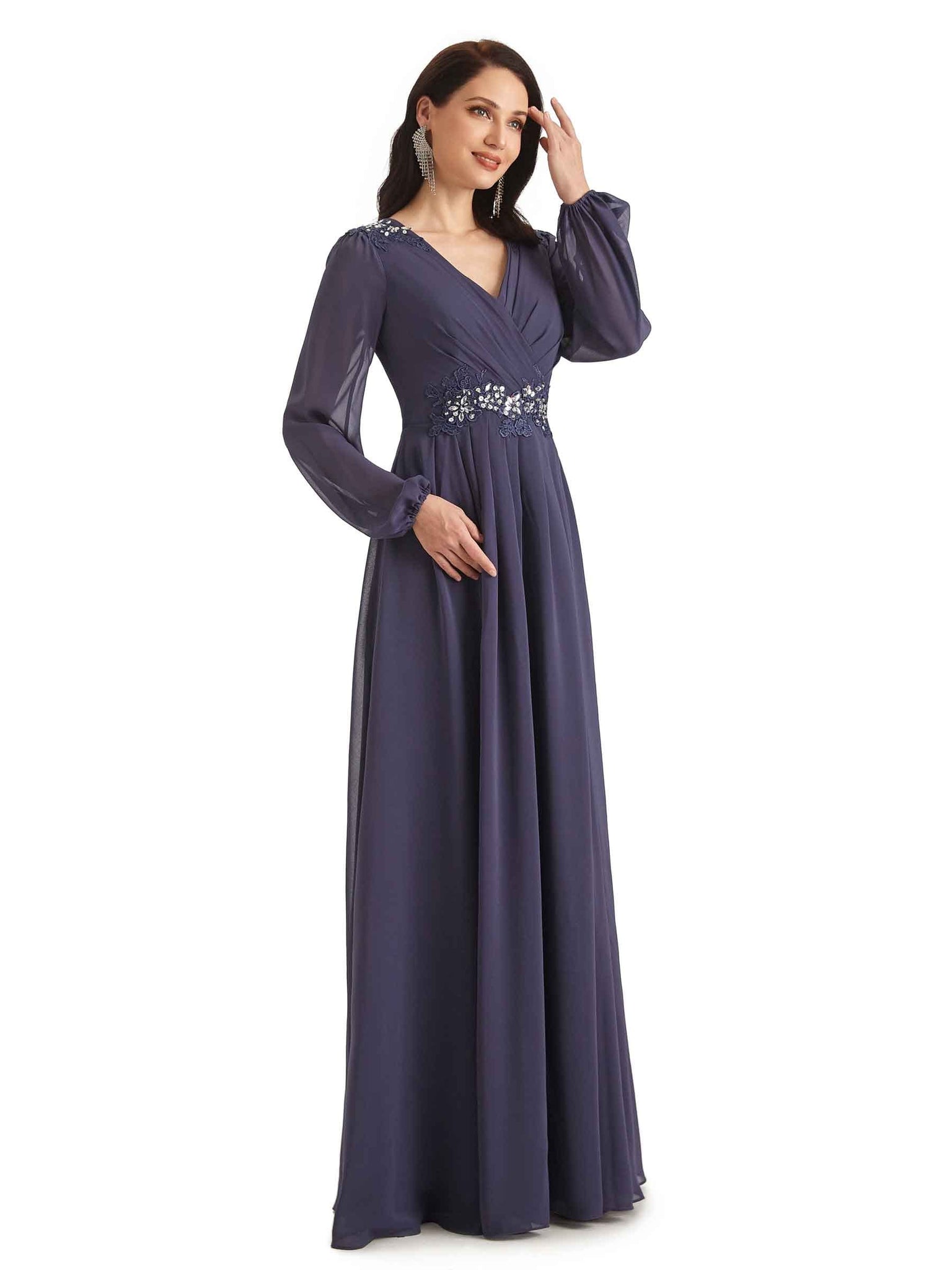 Modern Chiffon Long Sleeves Beaded V-neck Long Bridal Mother of The Bride Dresses UK