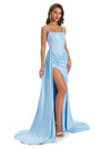 Sexy Soft Satin Side Slit Spaghetti Straps Floor-Length Mermaid Modern Prom Dresses
