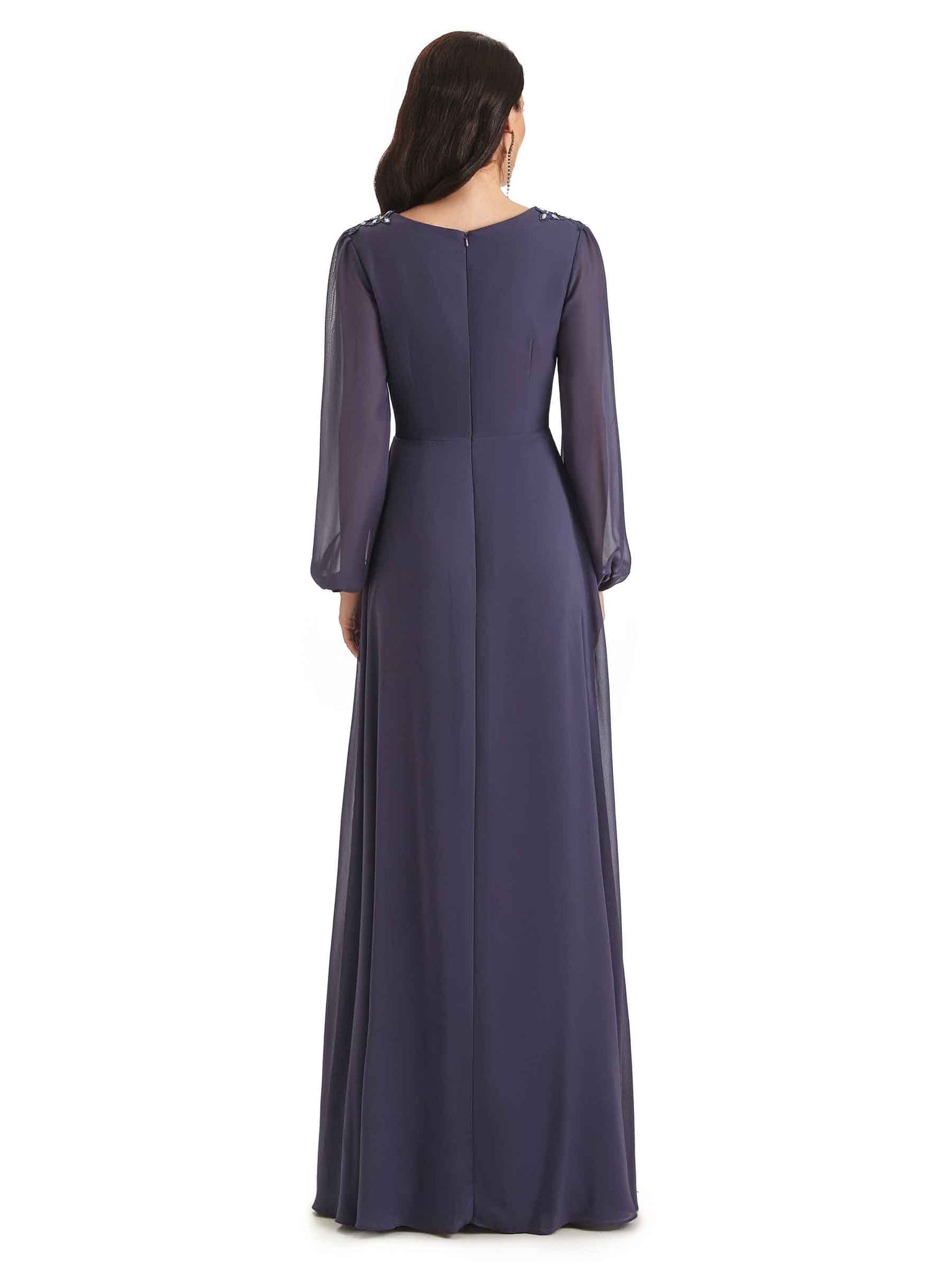 Modern Chiffon Long Sleeves Beaded V-neck Long Bridal Mother of The Bride Dresses UK