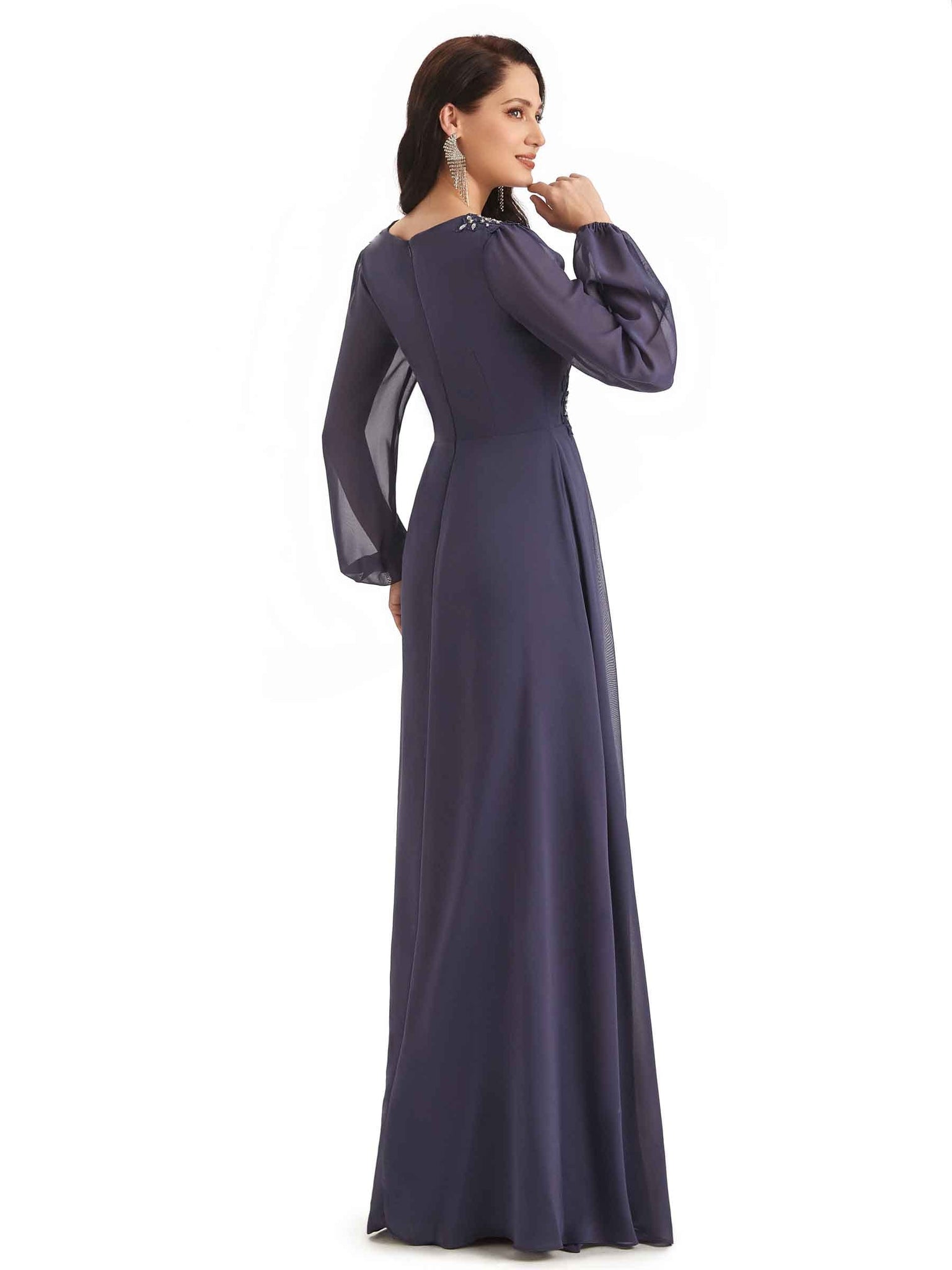 Modern Chiffon Long Sleeves Beaded V-neck Long Bridal Mother of The Bride Dresses UK