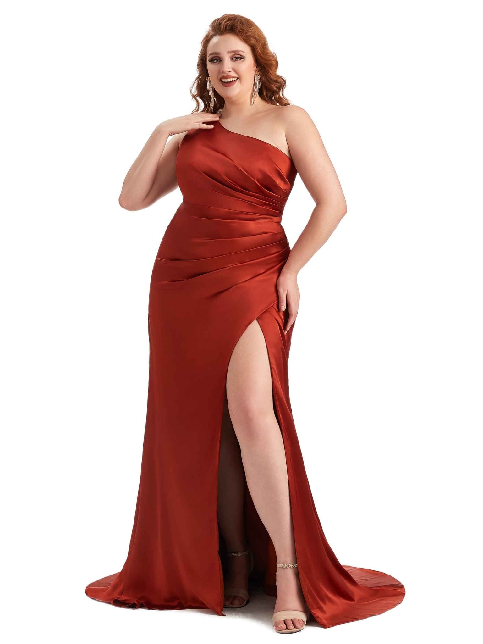 Sexy One Shoulder Side Slit Mermaid Soft Satin Long Plus Size Maid of Honor Dresses UK