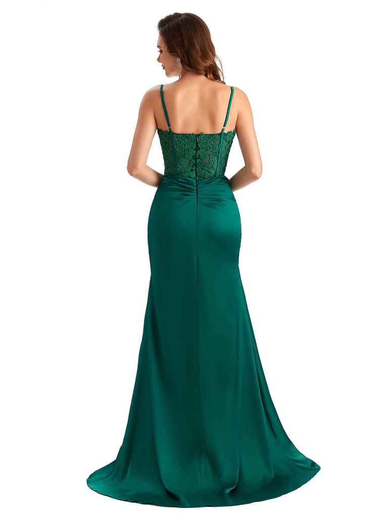 Sexy Side Slit Mermaid Silky Satin Lace See Through Unique Long Bridesmaid Dresses UK