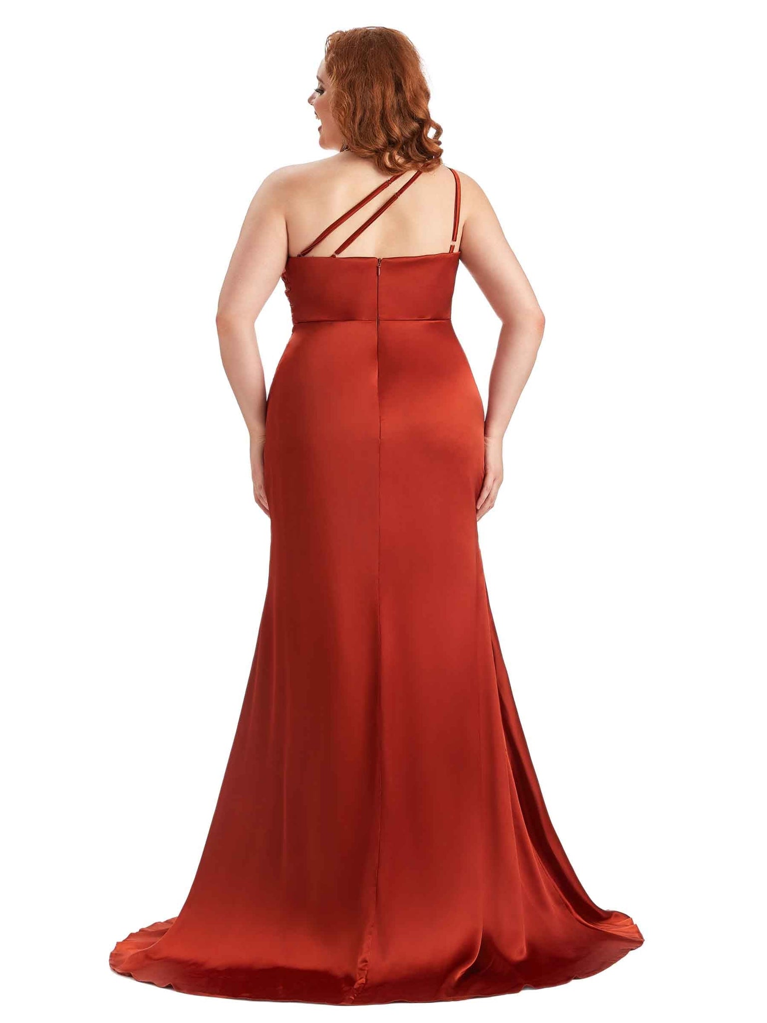 Sexy One Shoulder Side Slit Mermaid Soft Satin Long Plus Size Maid of Honor Dresses UK