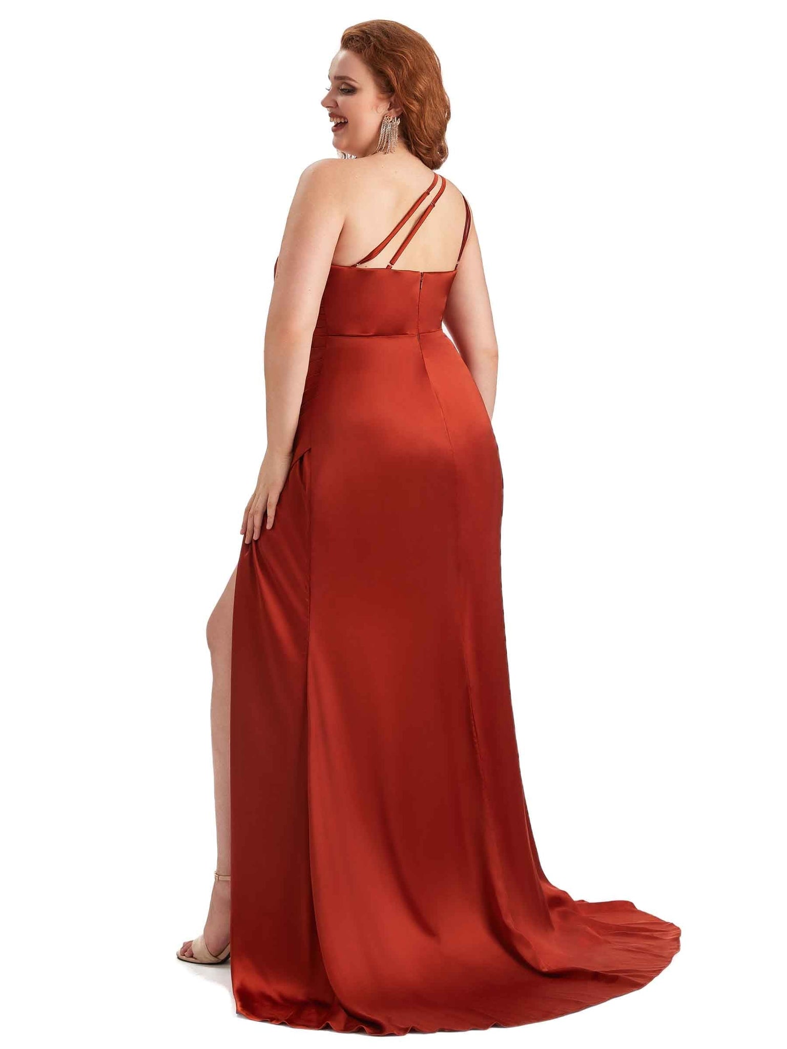 Sexy One Shoulder Side Slit Mermaid Soft Satin Long Plus Size Maid of Honor Dresses UK