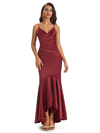 Spaghetti Straps V-Neck Soft Satin Asymmetrical Prom Dresses Online