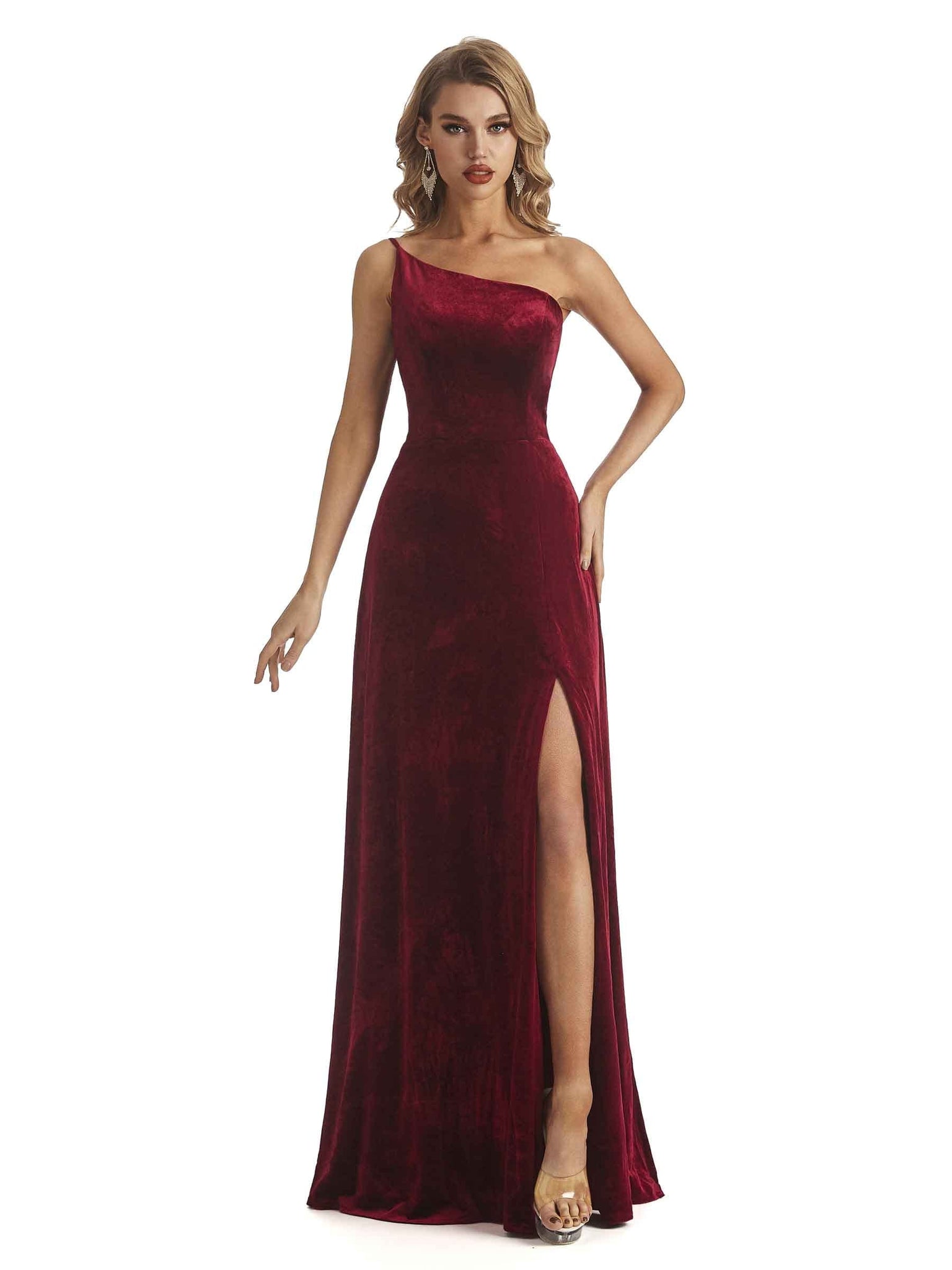 Elegant Mermaid One Shoulder Side Slit Velvet Long Bridesmaid Dresses Online UK