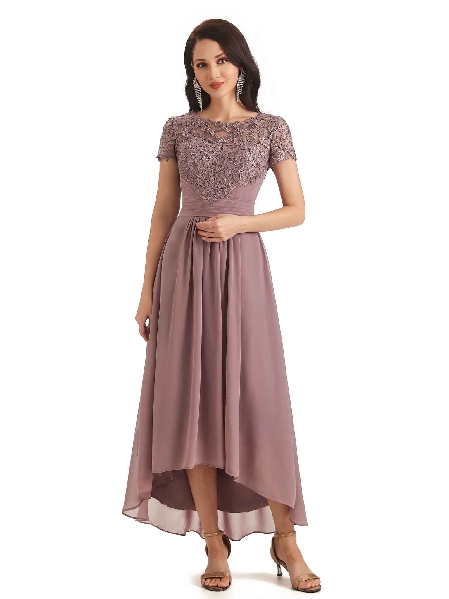 Elegant A-line Chiffon Lace Jewel Short Sleeves High Low Mother Of The Bride Dresses UK