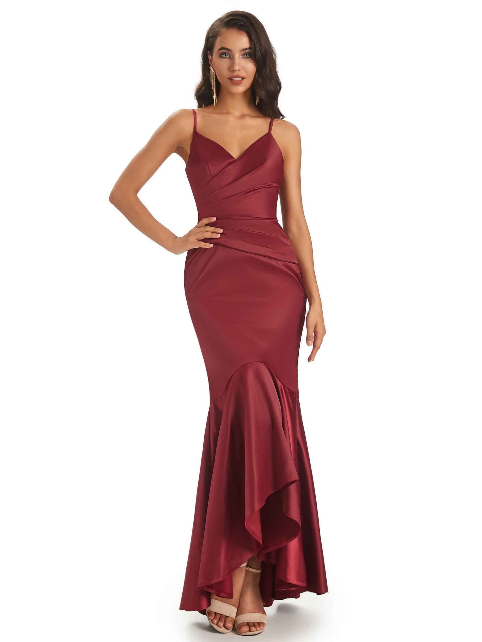 High Low Spaghetti Straps V-Neck Silky Satin Mermaid Bridesmaid Dresses UK