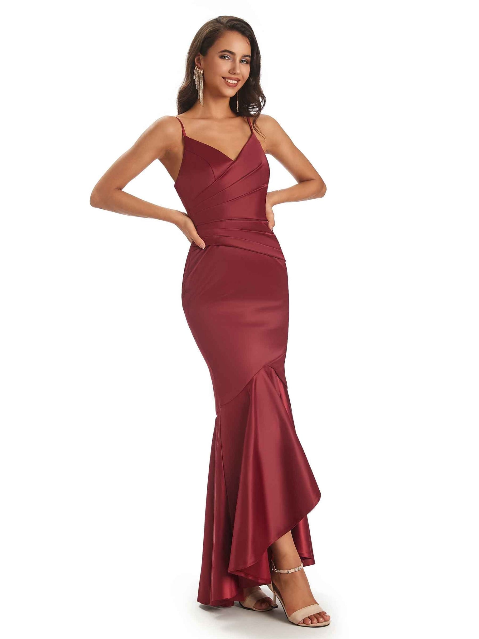 Spaghetti Straps V-Neck Soft Satin Asymmetrical Prom Dresses Online