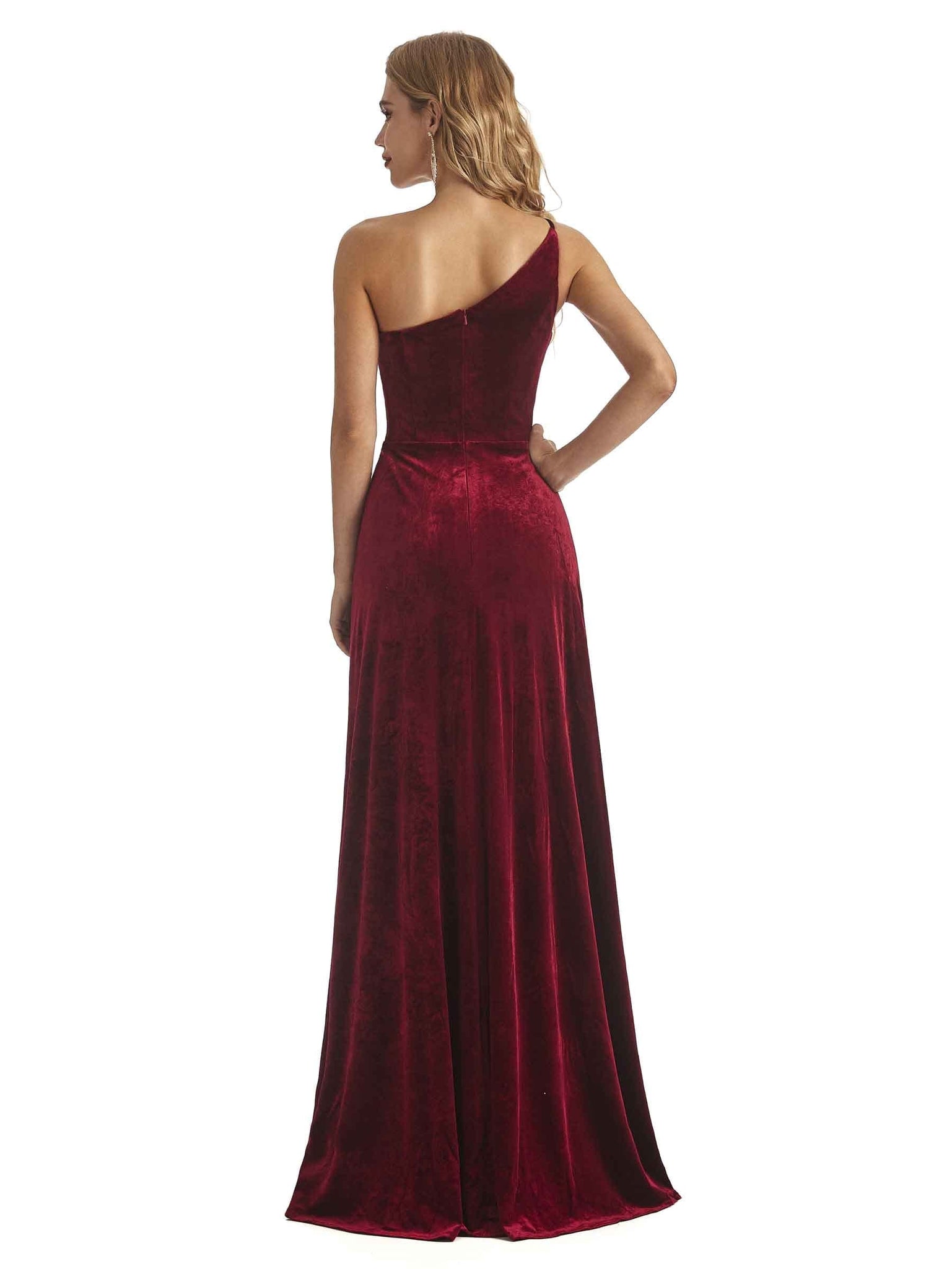 Elegant Mermaid One Shoulder Side Slit Velvet Long Bridesmaid Dresses Online UK
