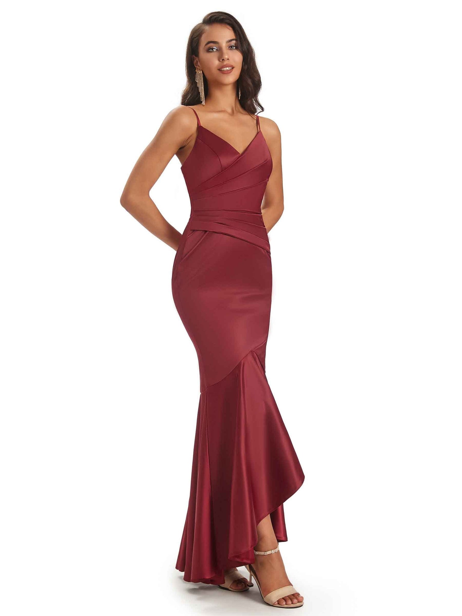 High Low Spaghetti Straps V-Neck Silky Satin Mermaid Bridesmaid Dresses UK
