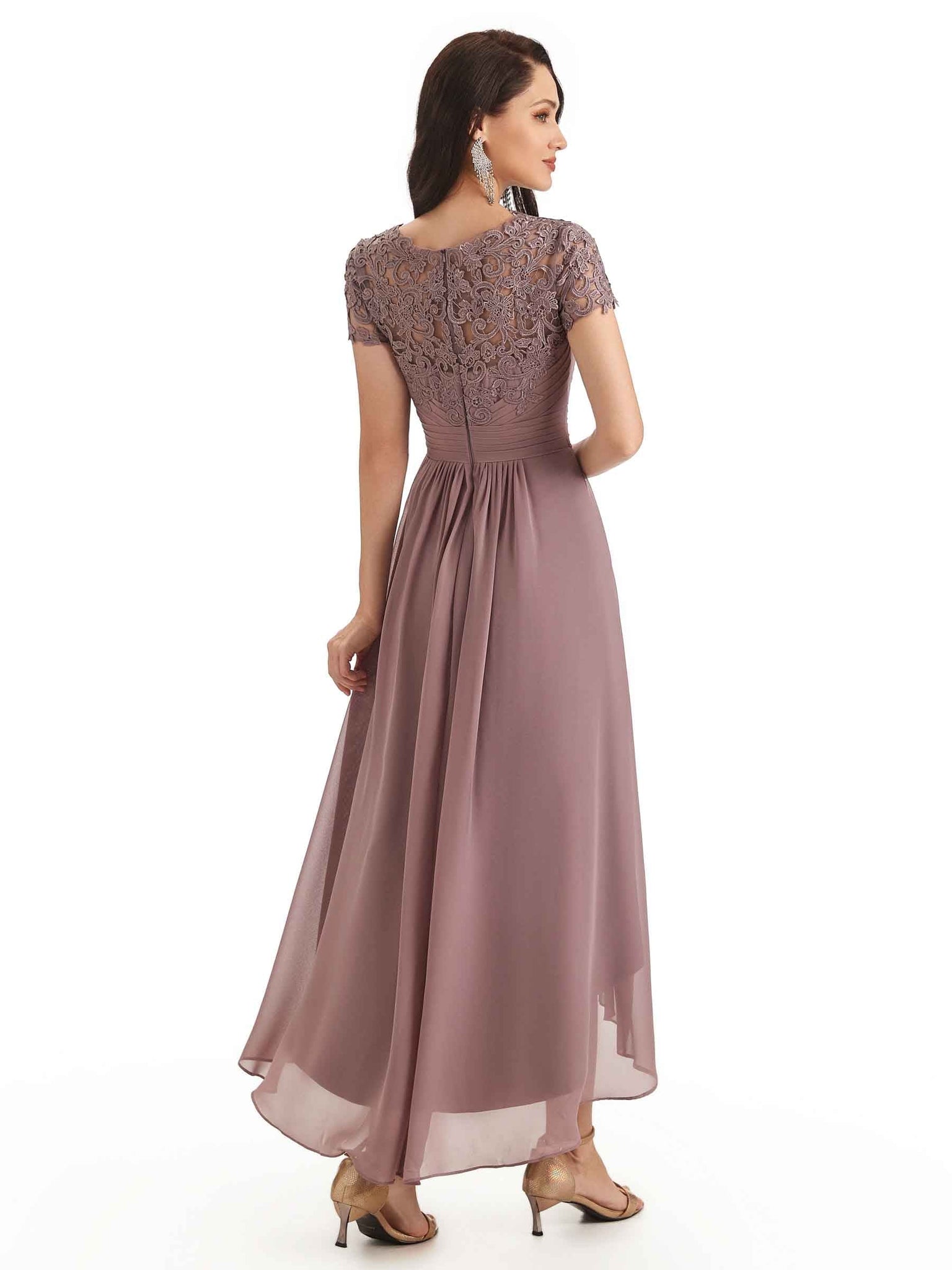 Elegant A-line Chiffon Lace Jewel Short Sleeves High Low Mother Of The Bride Dresses UK