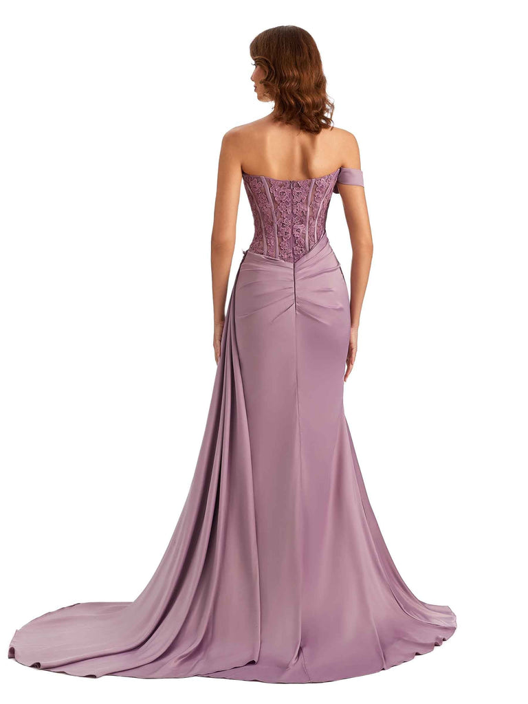 Sexy One Shoulder Lace Side Slit Mermaid Silky Satin Long Bridesmaid Dresses UK