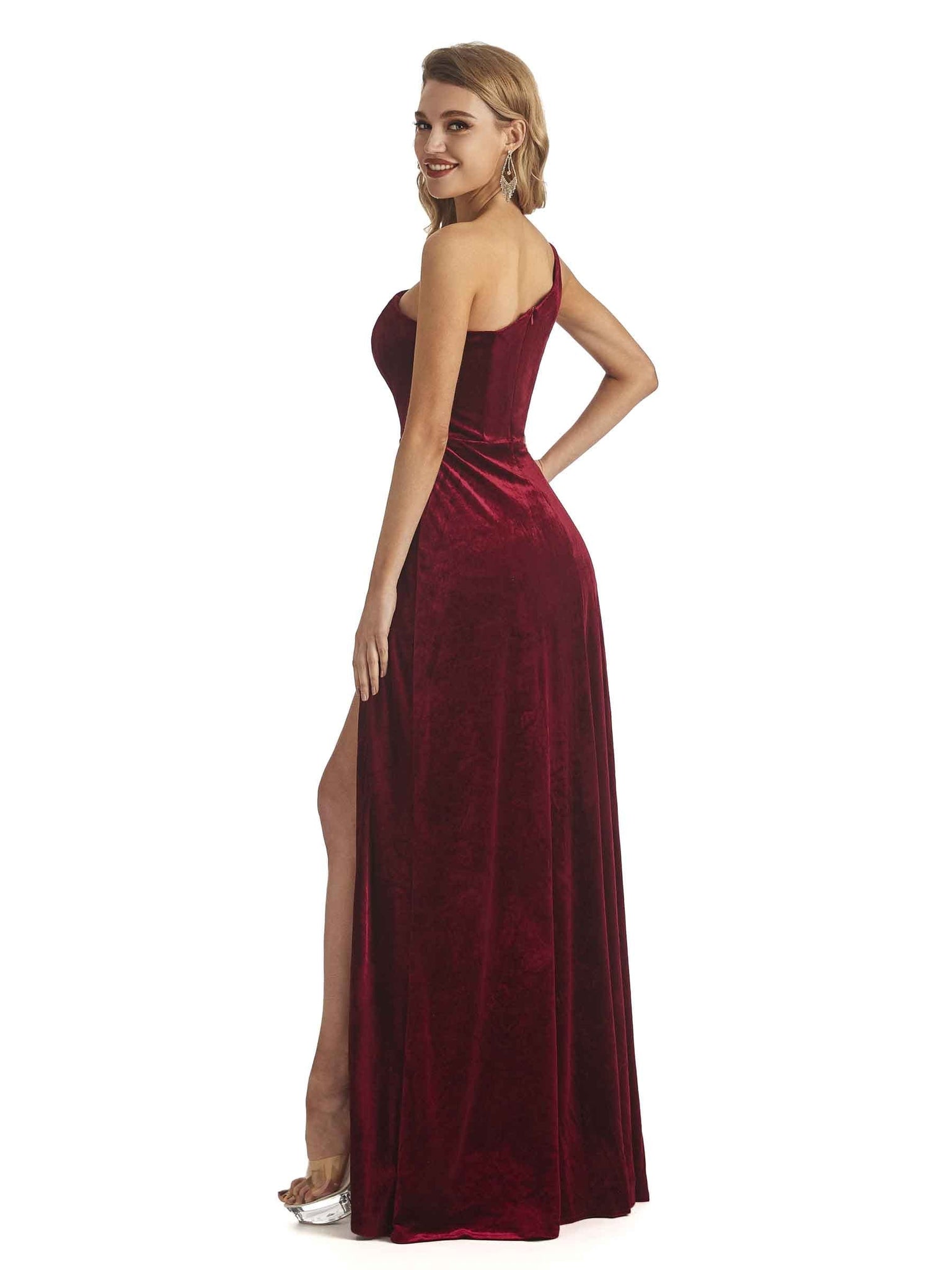 Elegant Mermaid One Shoulder Side Slit Velvet Long Bridesmaid Dresses Online UK