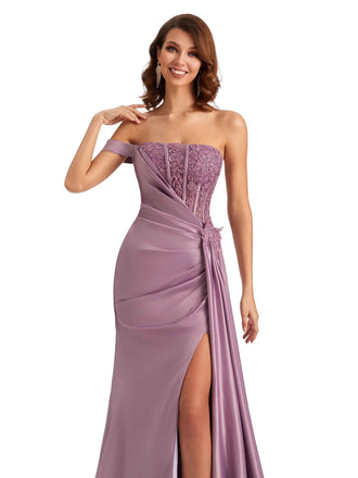 Sexy One Shoulder Lace Side Slit Mermaid Silky Satin Long Bridesmaid Dresses UK