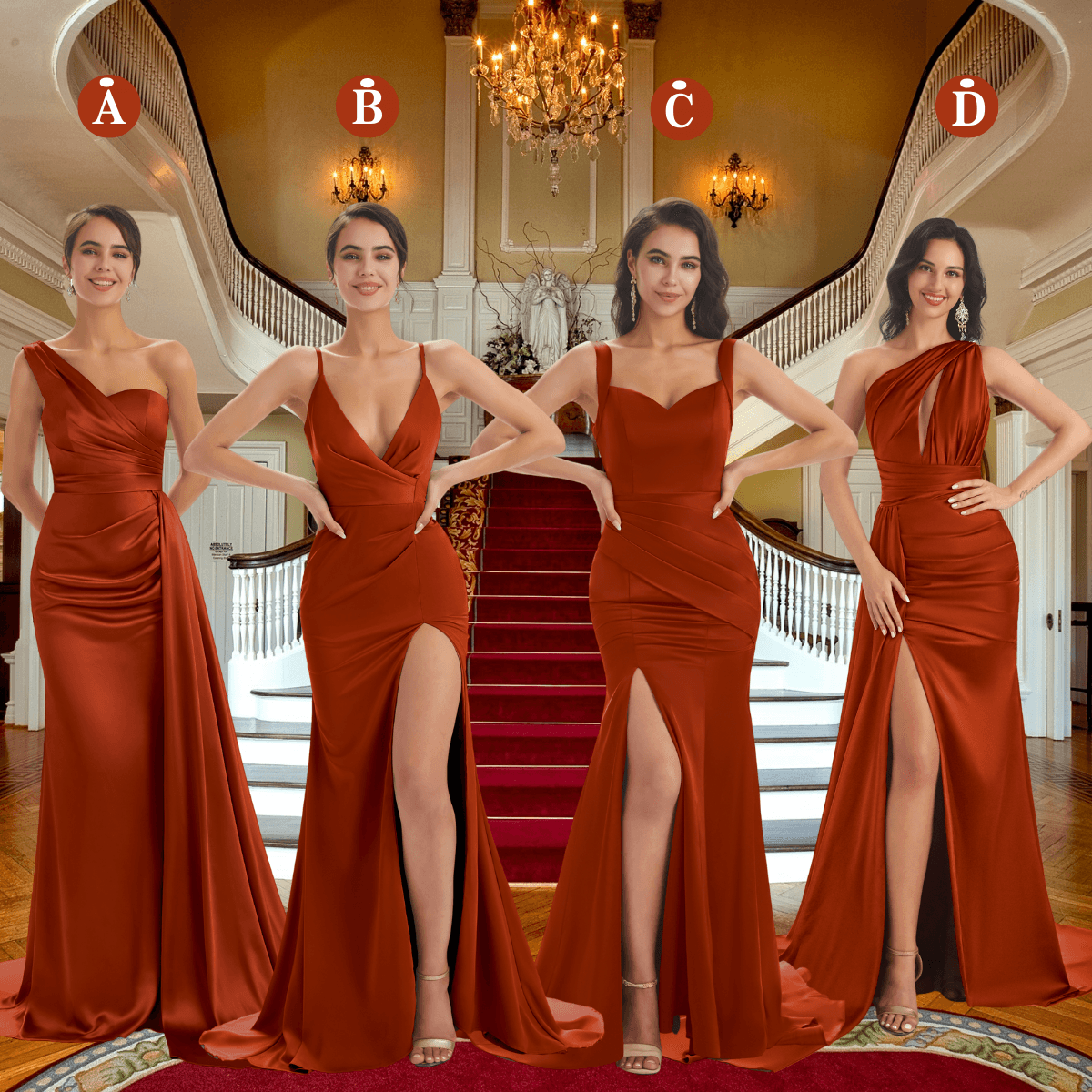 Mismatched Rust Sexy Side Slit Mermaid Soft Satin Long Bridesmaid Dresses UK