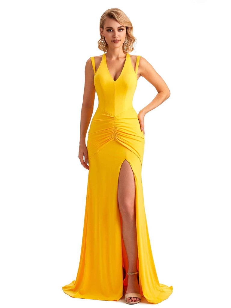 Sexy Mermaid V-neck Side Slit Stretchy Jersey Long Formal Bridesmaid Dresses