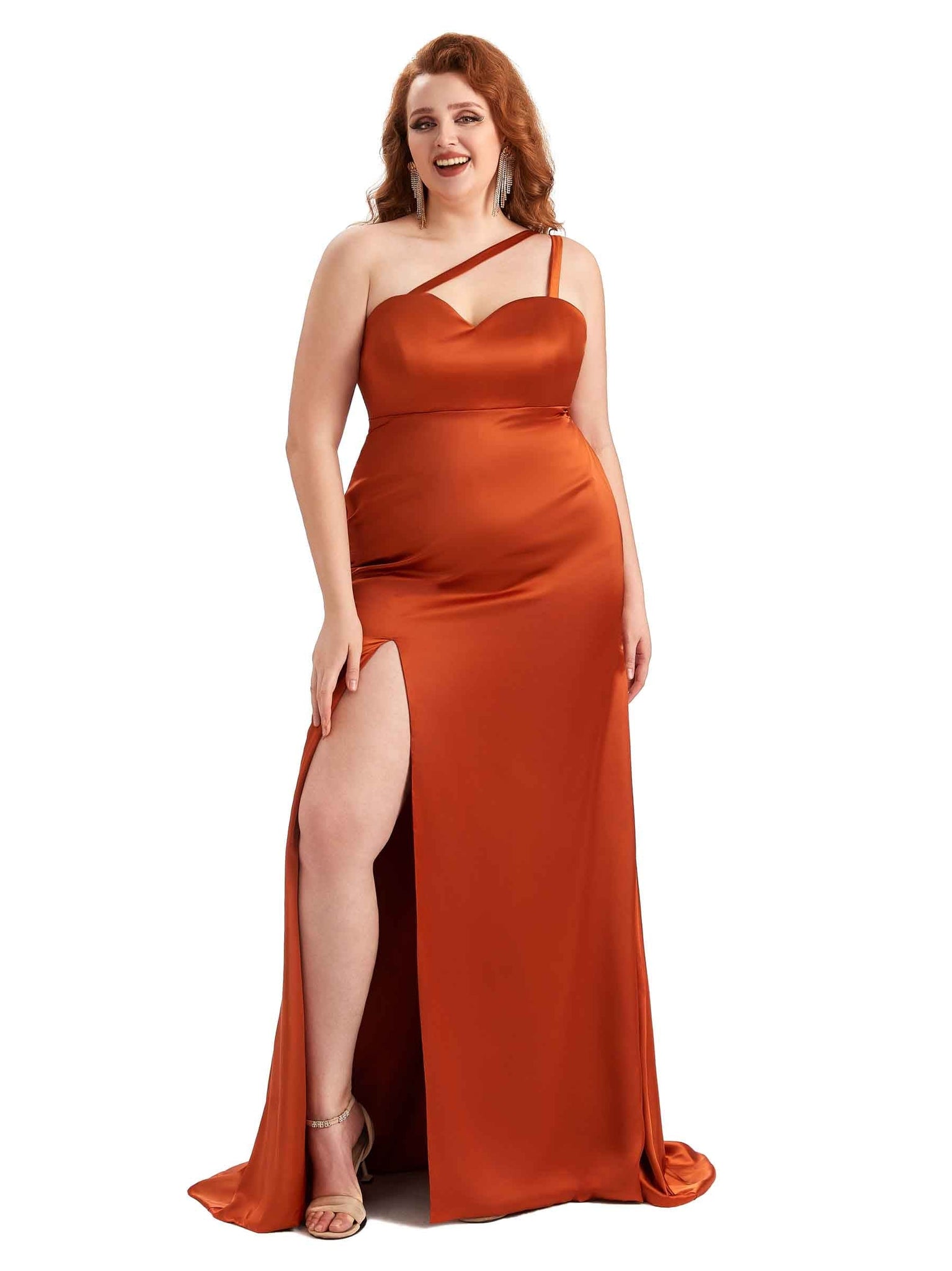 Sexy Side Slit Mermaid One Shoulder Soft Satin Long Plus Size Bridesmaid Dresses UK