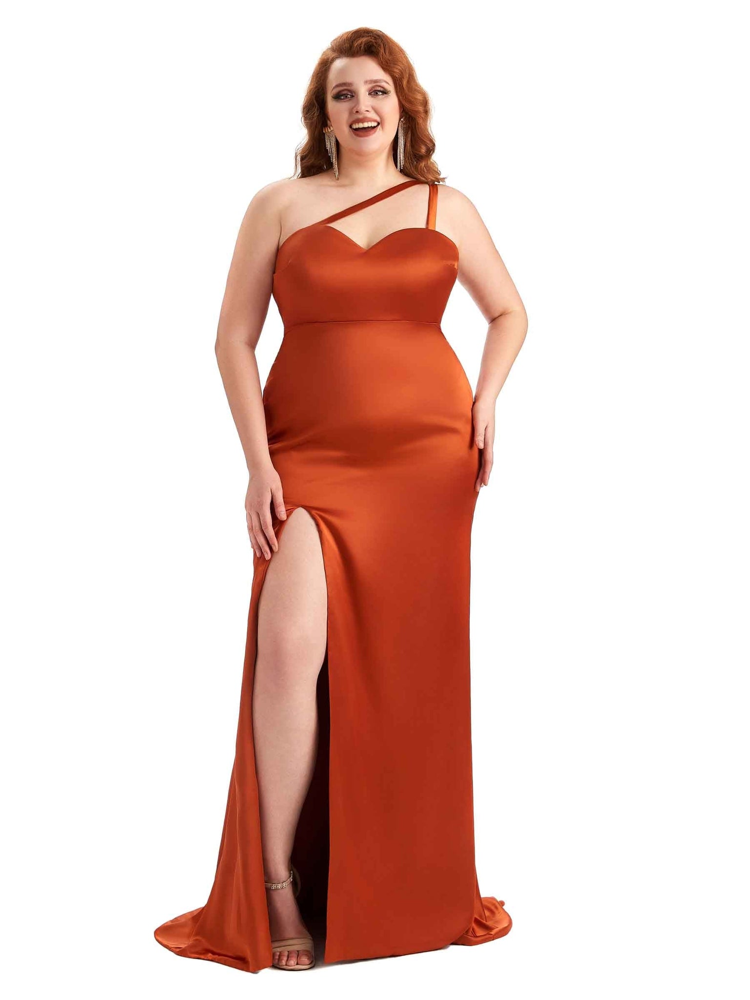Sexy Side Slit Mermaid One Shoulder Soft Satin Long Plus Size Bridesmaid Dresses UK