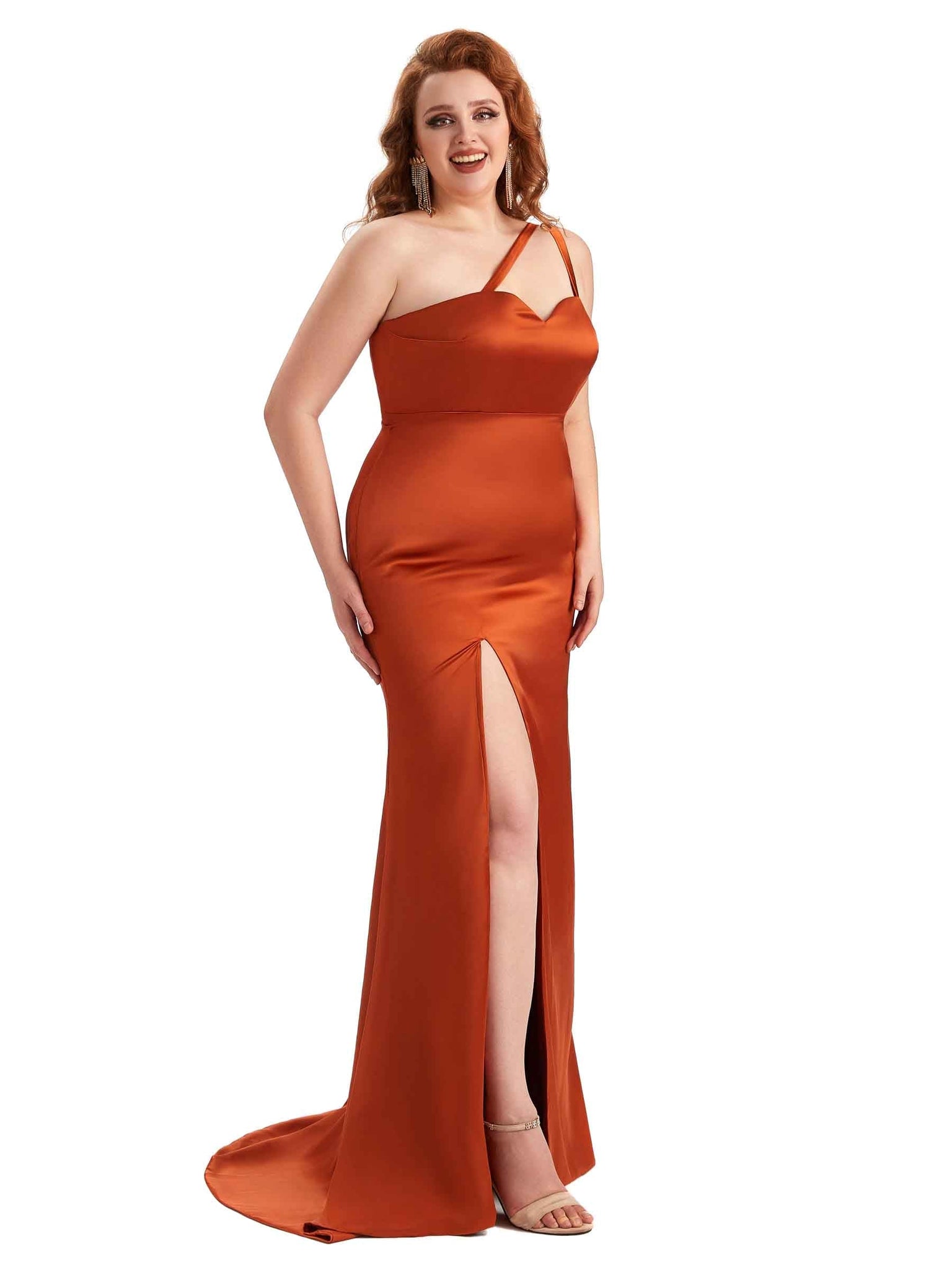 Sexy Side Slit Mermaid One Shoulder Soft Satin Long Plus Size Bridesmaid Dresses UK