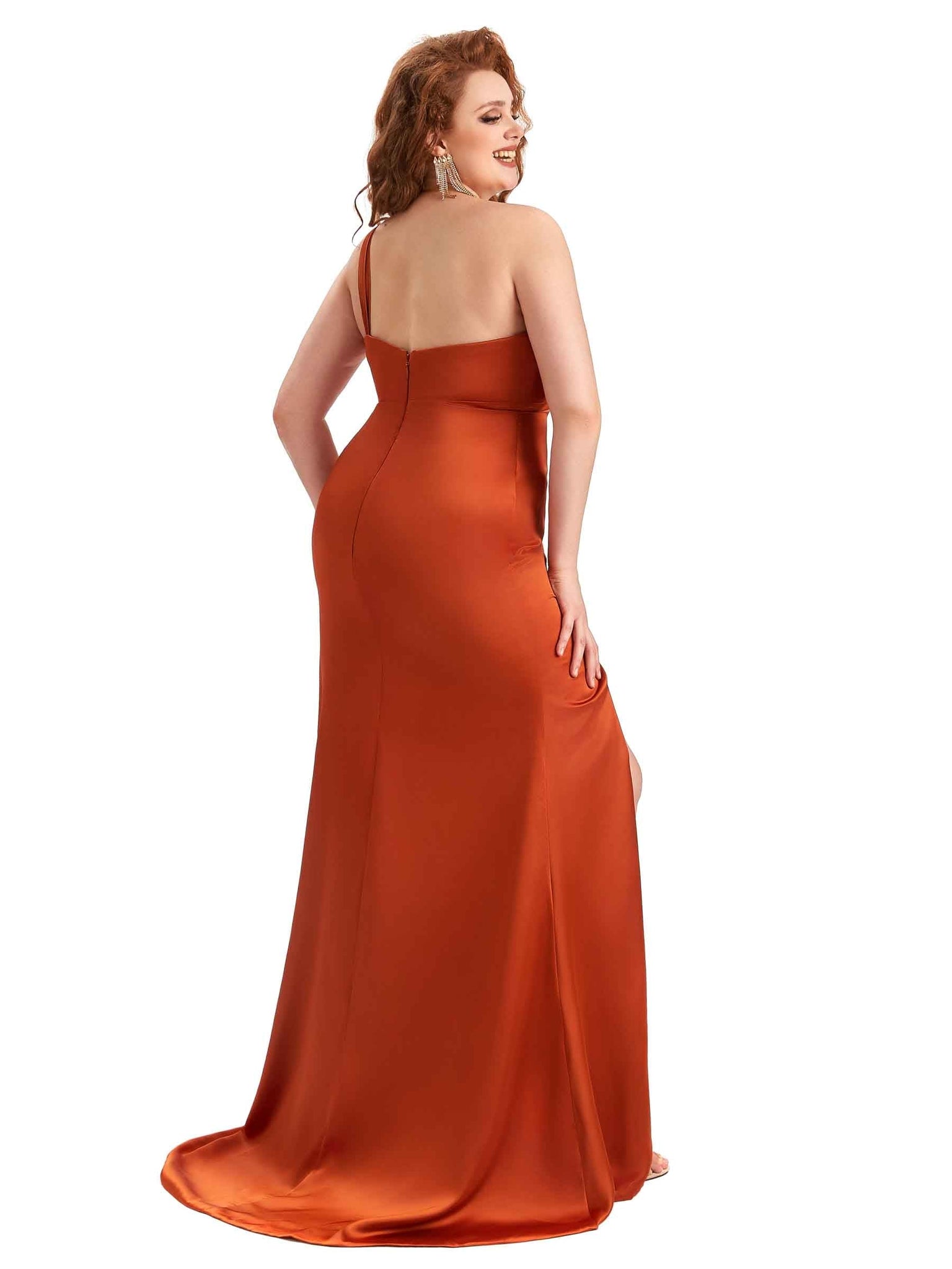 Sexy Side Slit Mermaid One Shoulder Soft Satin Long Plus Size Bridesmaid Dresses UK