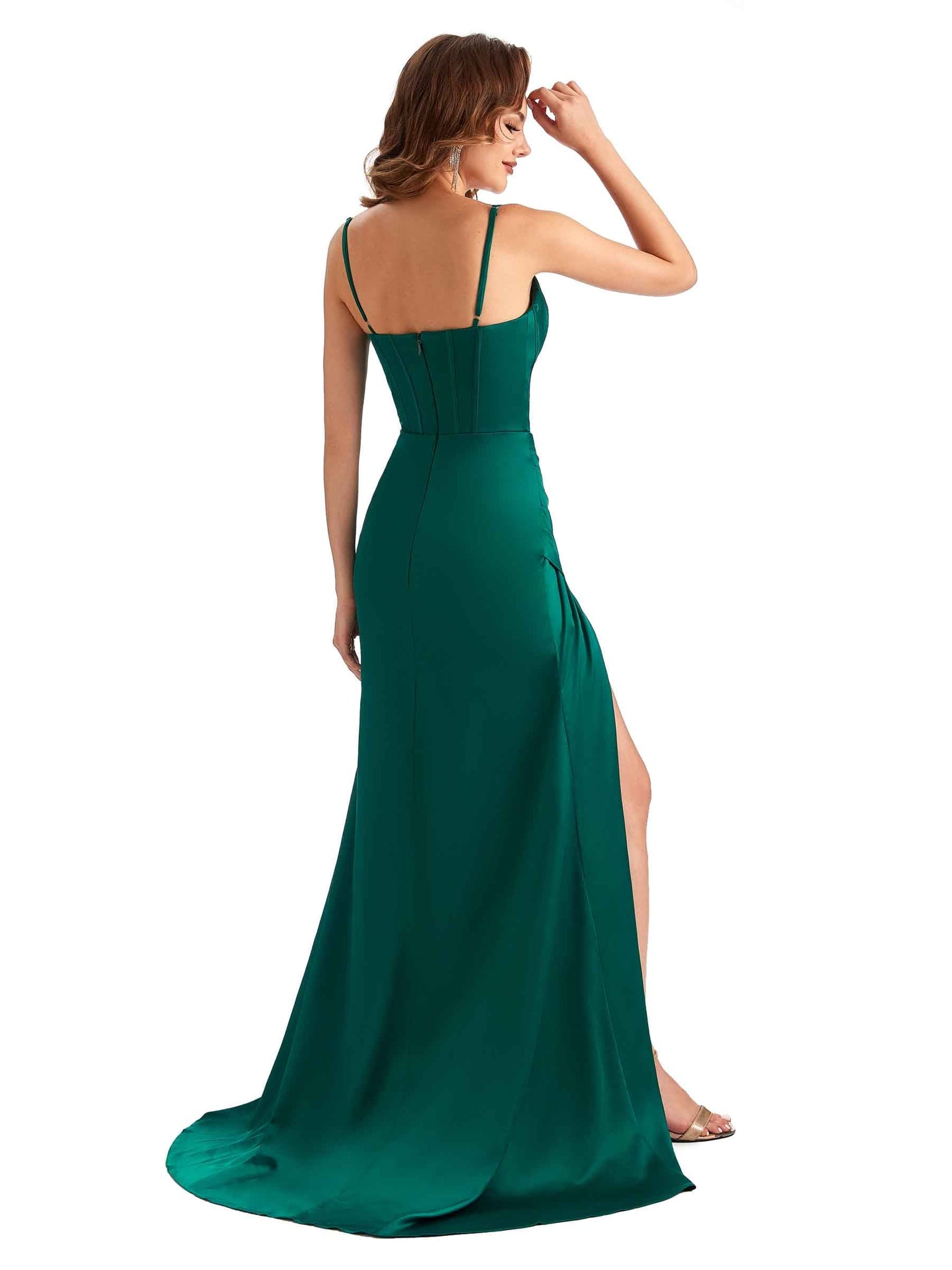 Sexy Side Slit Mermaid Silky Satin V-neck Unique Long Bridesmaid Dresses UK