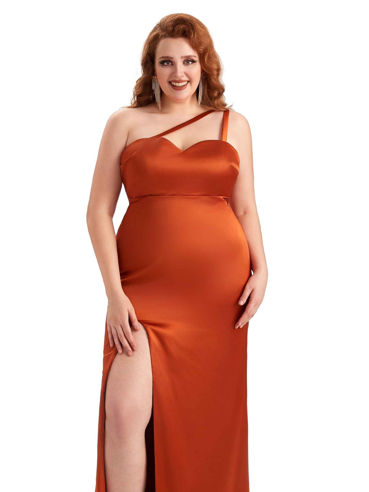 Sexy Side Slit Mermaid One Shoulder Soft Satin Long Plus Size Bridesmaid Dresses UK