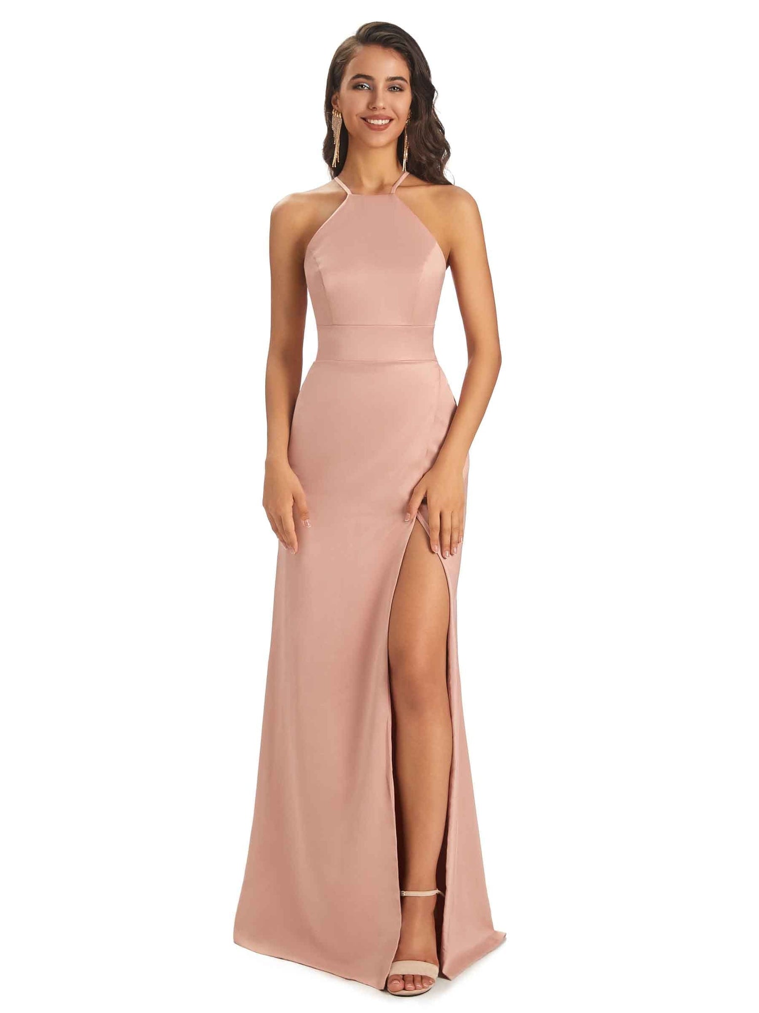 Sexy Soft Satin Halter Criss-Cross Side Slit Floor-Length Sheath Long Prom Dresses
