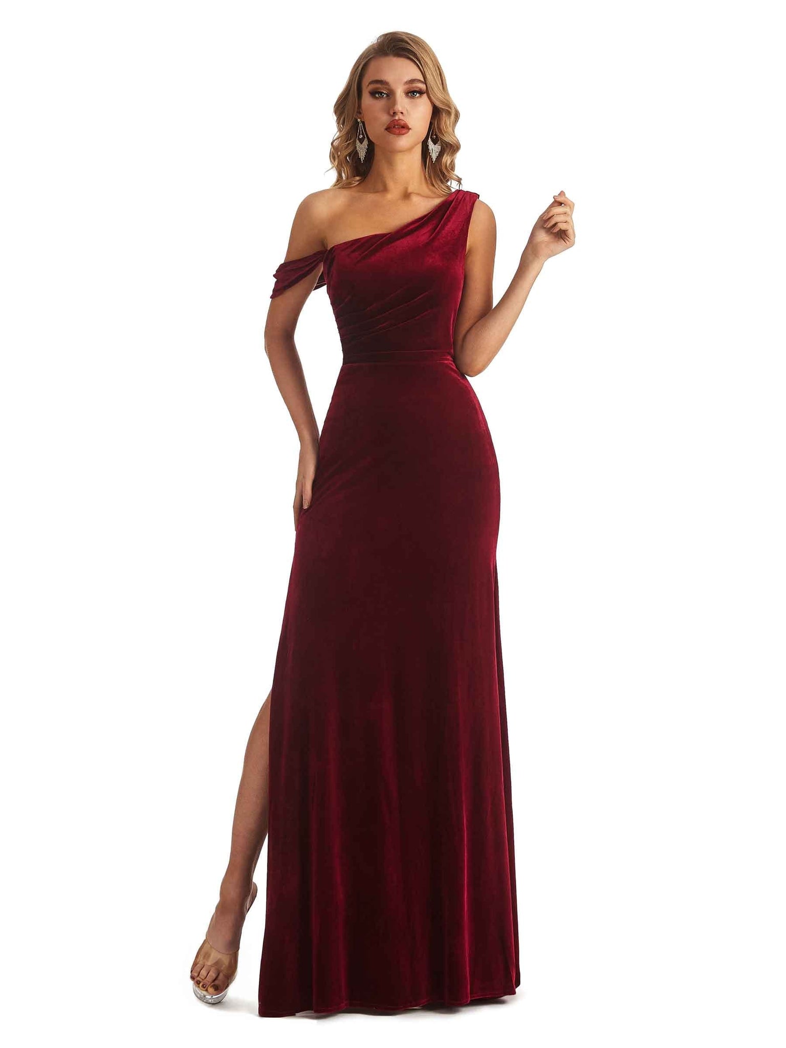 Unique Mermaid Asymmetric Side Slit Velvet Long Bridesmaid Dresses Online UK