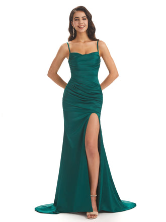 Mermaid Soft Satin Spaghetti Straps Side Slit Prom Dresses Online