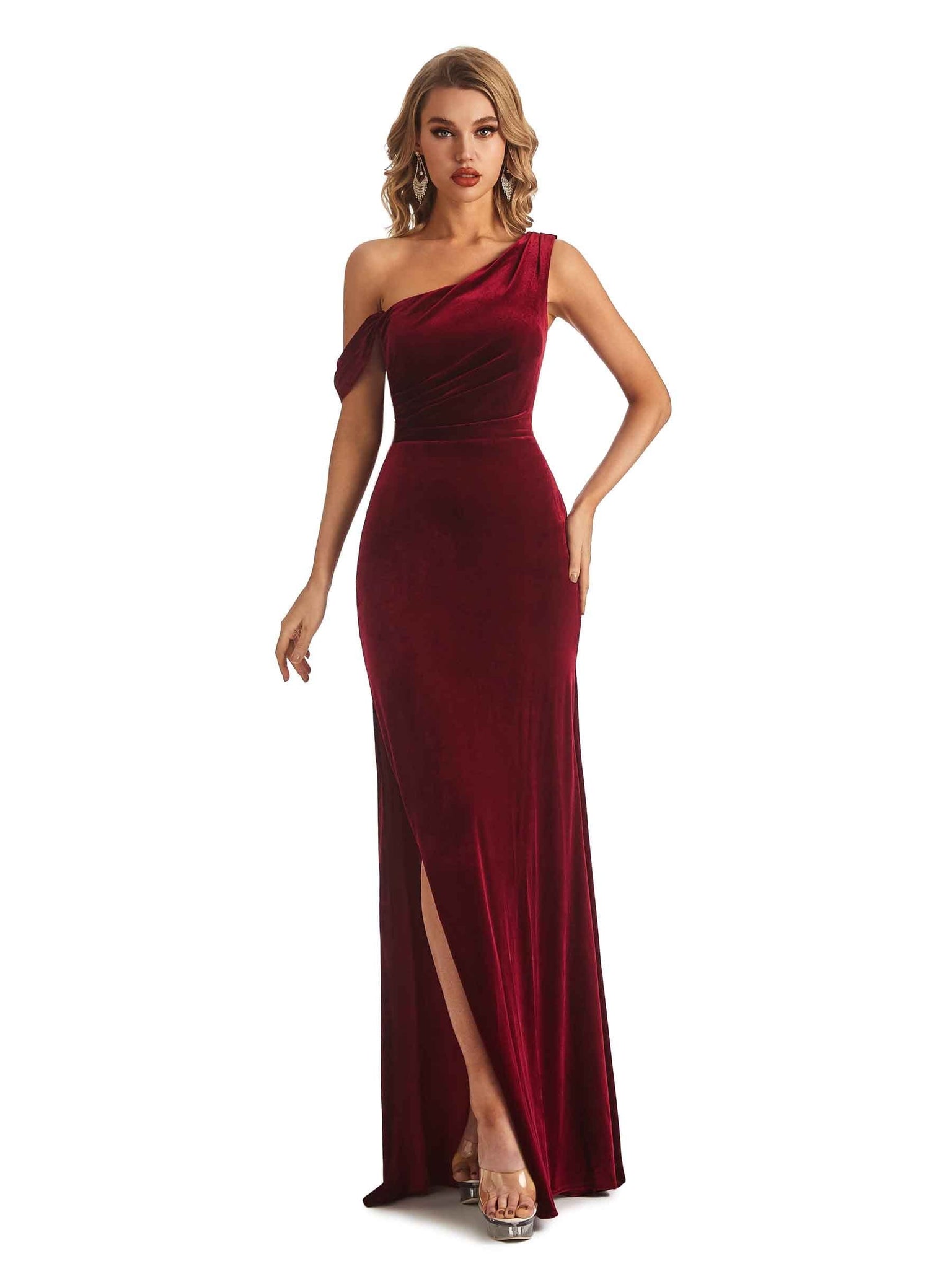 Unique Mermaid Asymmetric Side Slit Velvet Long Bridesmaid Dresses Online UK