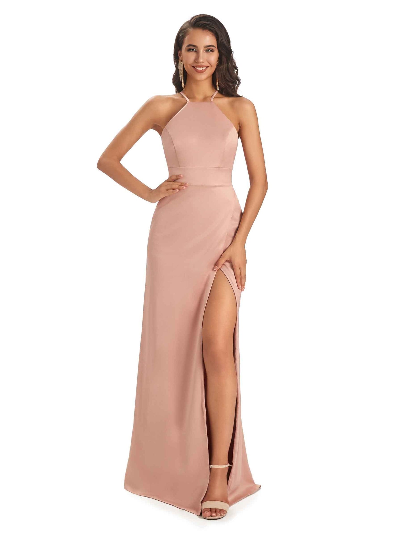 Sexy Soft Satin Halter Criss-Cross Side Slit Floor-Length Sheath Long Prom Dresses