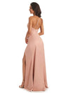 Sexy Soft Satin Halter Criss-Cross Side Slit Floor-Length Sheath Long Prom Dresses