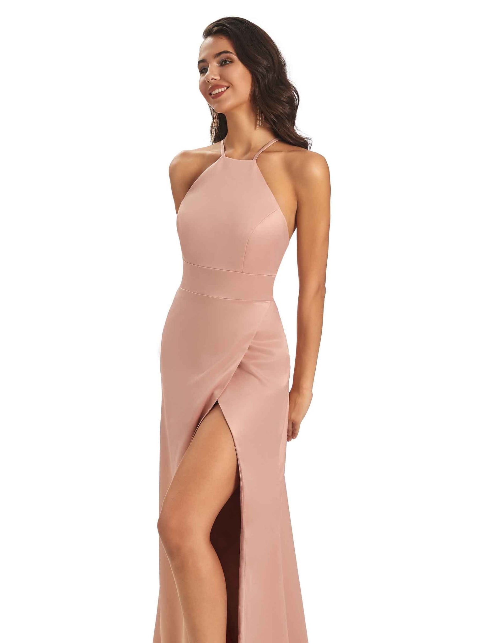 Sexy Soft Satin Halter Criss-Cross Side Slit Floor-Length Sheath Long Prom Dresses