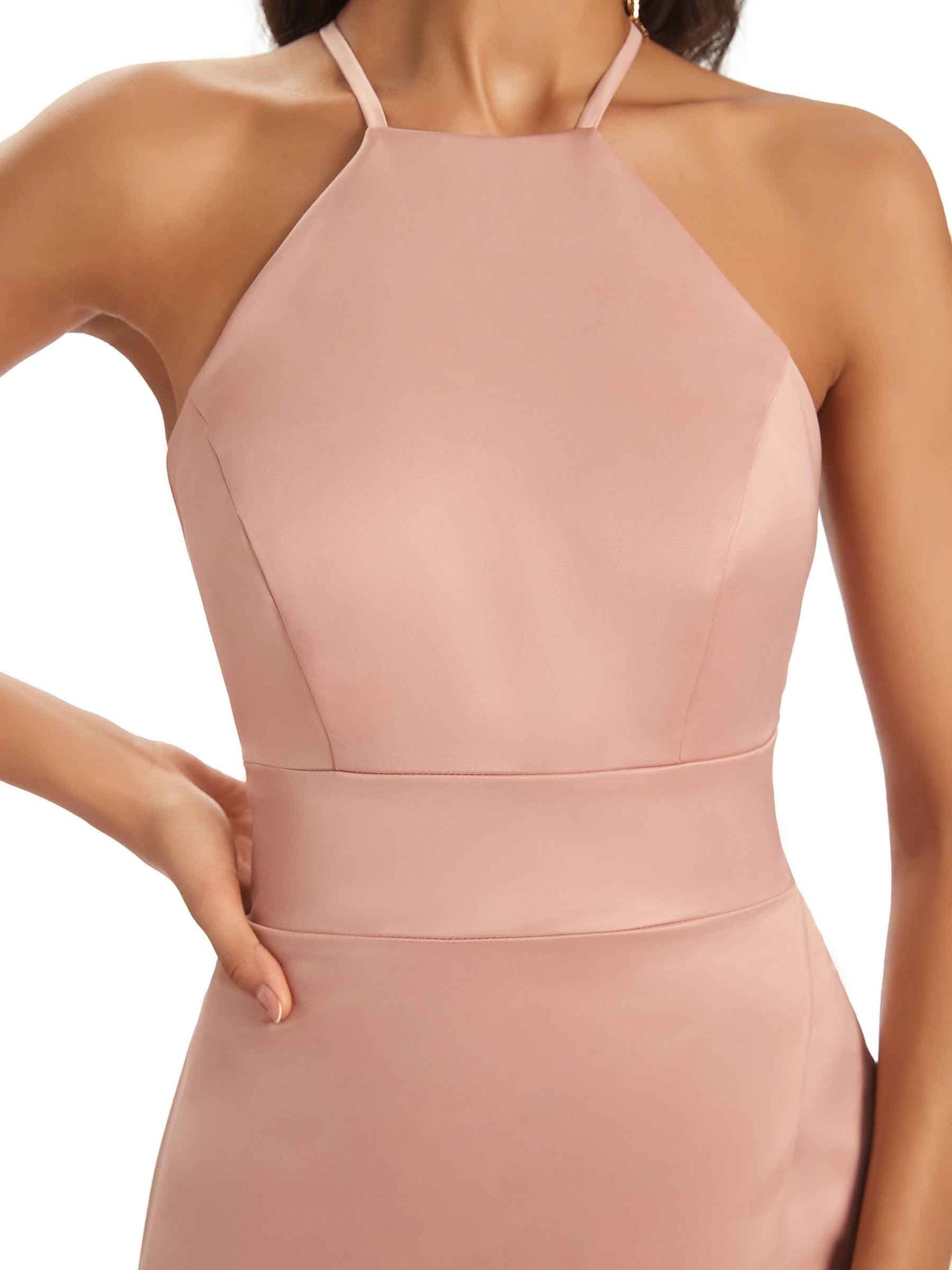 Sexy Soft Satin Halter Criss-Cross Side Slit Floor-Length Sheath Long Prom Dresses