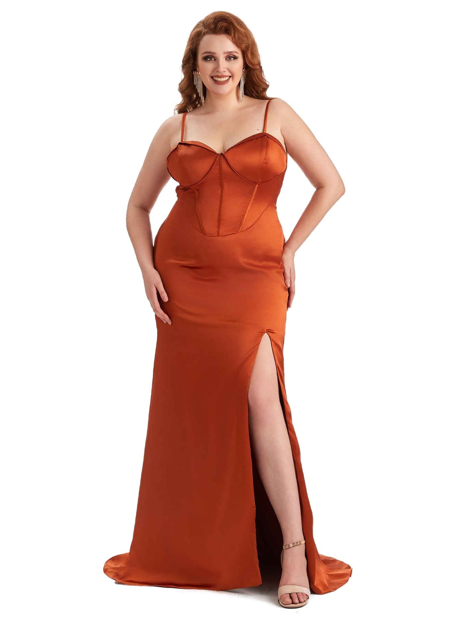 Sexy Spaghetti Straps Side Slit Mermaid Soft Satin Long Plus Size Bridesmaid Dress For Wedding