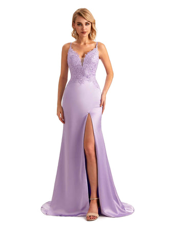 Sexy Side Slit Spaghetti Straps Lace Mermaid Unique Satin Maxi Dress For Wedding