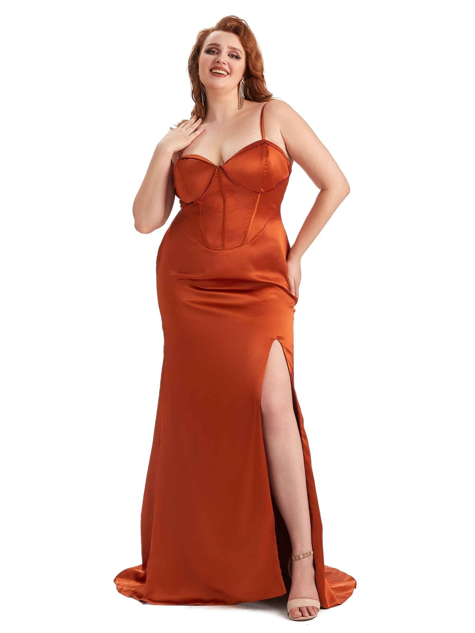Sexy Spaghetti Straps Side Slit Mermaid Soft Satin Long Plus Size Bridesmaid Dress For Wedding