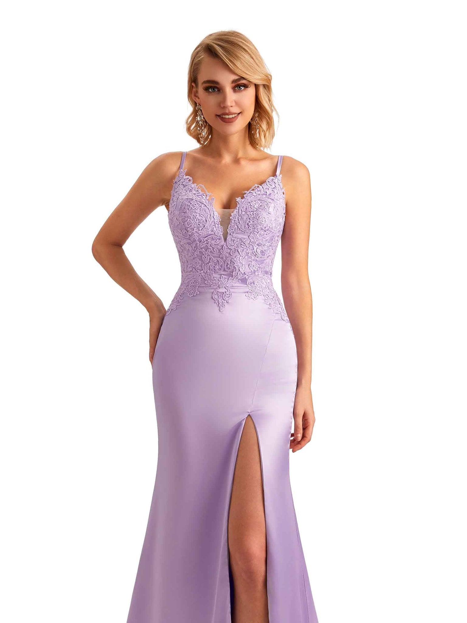 Sexy Side Slit Spaghetti Straps Lace Mermaid Satin Maxi Dress For Wedding UK