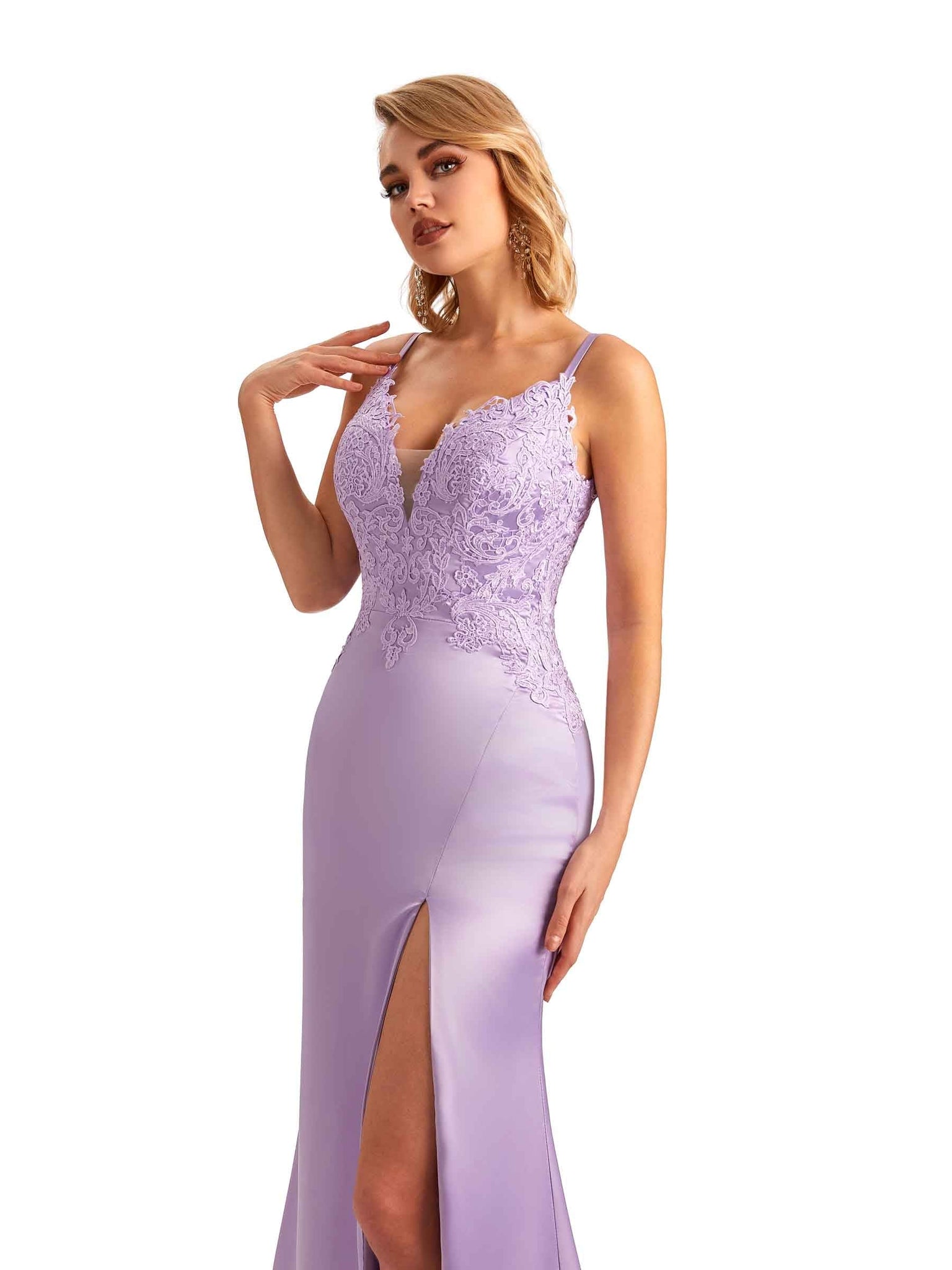 Sexy Side Slit Spaghetti Straps Lace Mermaid Satin Maxi Dress For Wedding UK