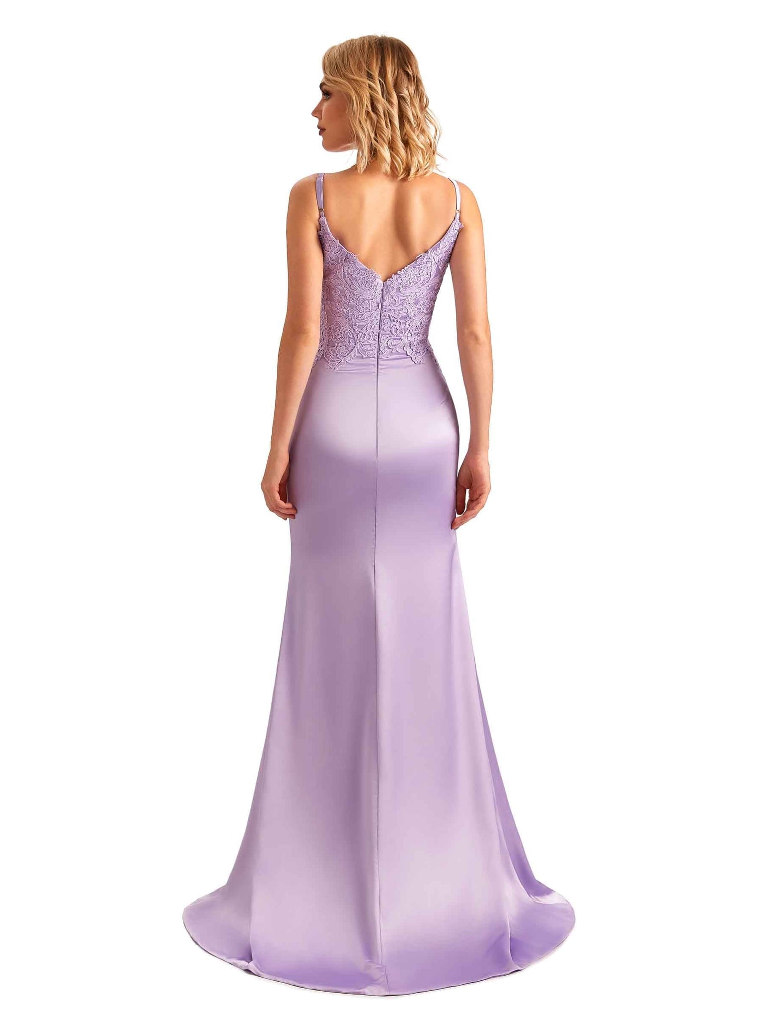 Sexy Side Slit Spaghetti Straps Lace Mermaid Satin Maxi Dress For Wedding UK