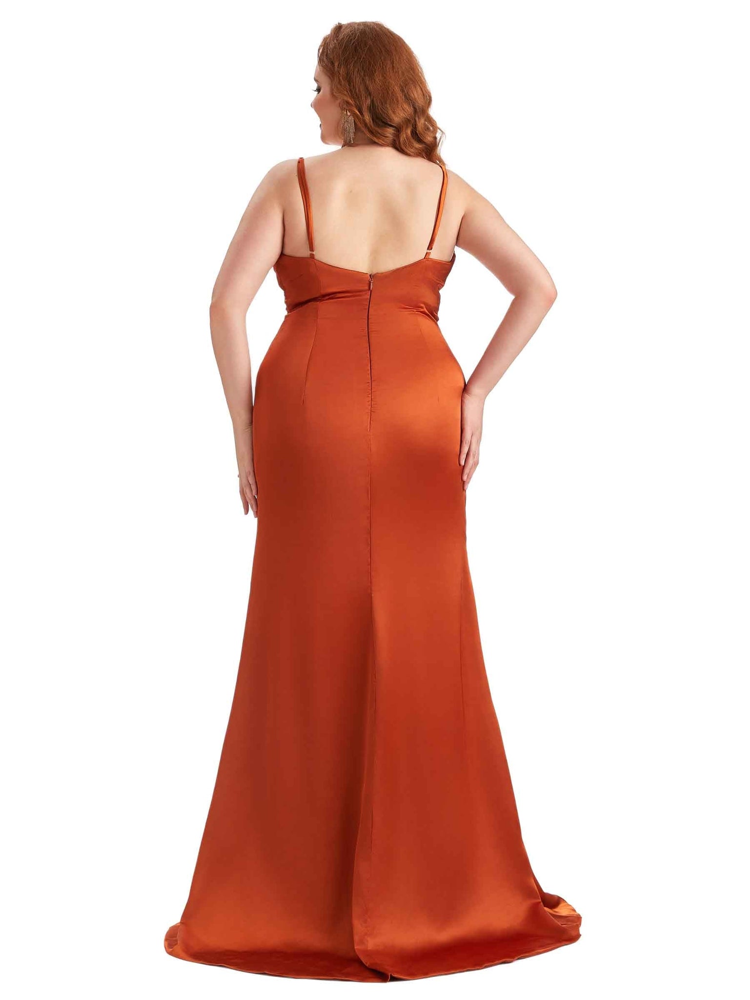 Sexy Spaghetti Straps Side Slit Mermaid Soft Satin Long Plus Size Bridesmaid Dress For Wedding