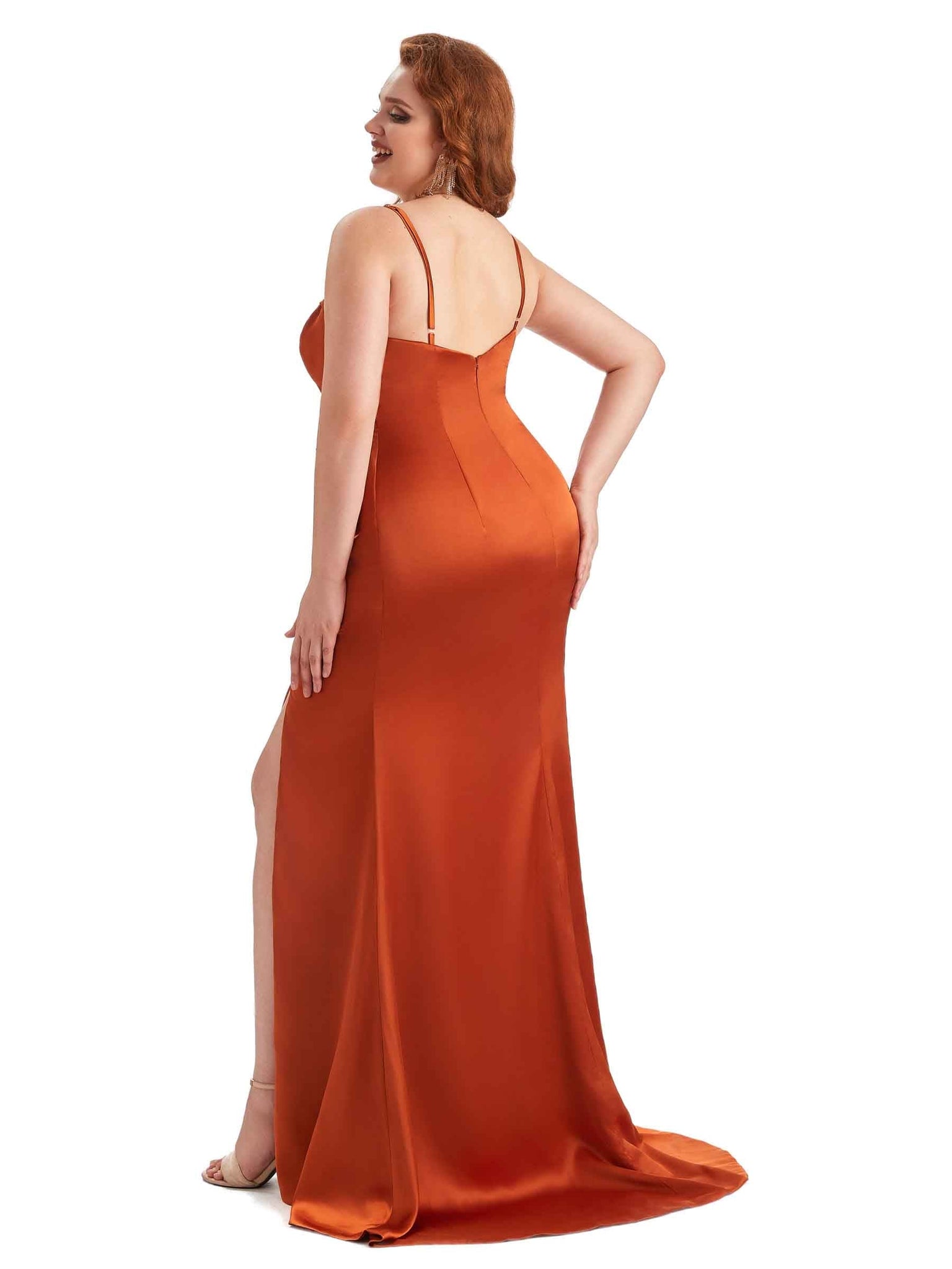 Sexy Spaghetti Straps Side Slit Mermaid Soft Satin Long Plus Size Bridesmaid Dress For Wedding