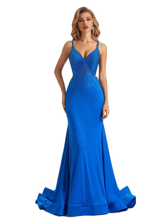 Beading Spaghetti Straps Lace Up Back Mermaid Floor-length Long Party Prom Dresses
