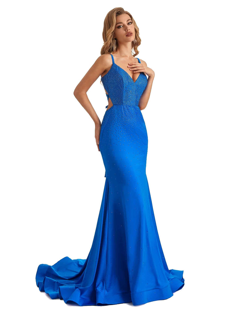 Beading Spaghetti Straps Lace Up Back Mermaid Floor-length Long Party Prom Dresses