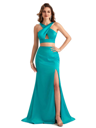 Sexy Side Slit Mermaid Silky Satin Halter Two Pieces Unique Long Bridesmaid Dresses UK