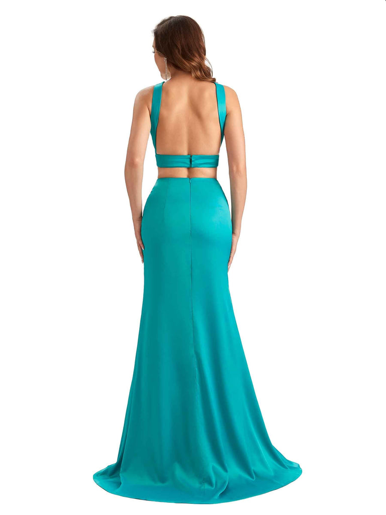 Sexy Side Slit Mermaid Silky Satin Halter Two Pieces Unique Long Bridesmaid Dresses UK