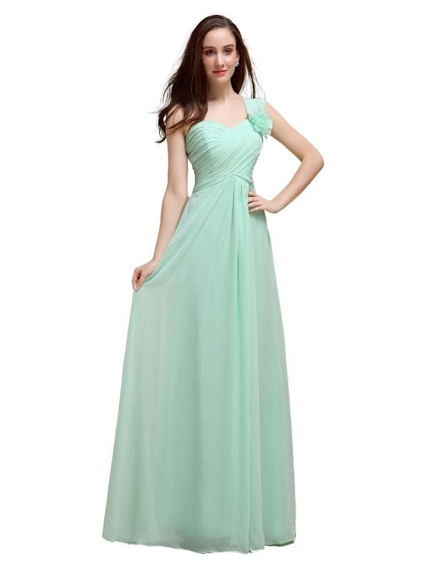 Elegant A-line One-Shoulder With Flowers Floor-Length Chiffon Long Bridesmaid Dresses