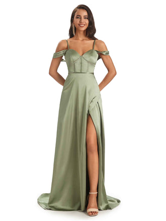 Stylish Soft Satin Side Slit Spaghetti Straps Floor-Length Cold Shoulder Prom Dresses Online