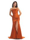Simple Mermaid Soft Satin Spaghetti Straps Side Slit Modern Prom Dresses